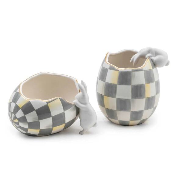 MACKENZIE-CHILDS White Rabbit Vase Hand Painted Gray Courtly Check Egg NEW - Picture 4 of 4